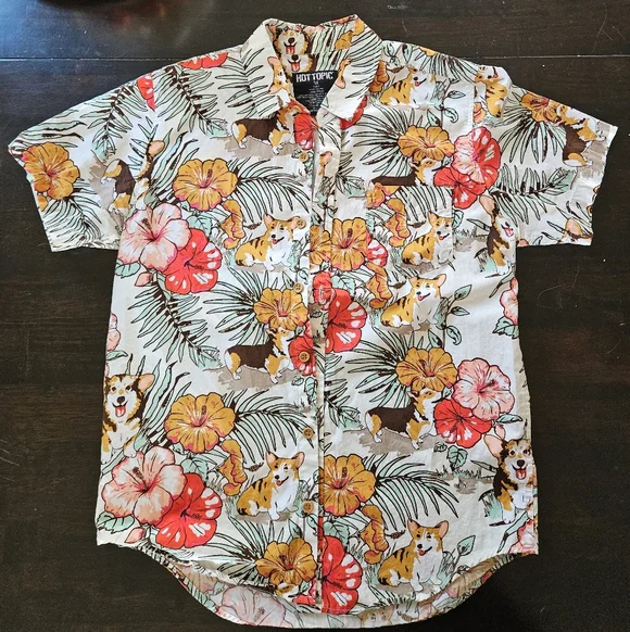 Hot Topic Men's Corgi Floral Shirt - Red, Orange, Green - Picture 3 of 7
